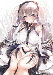 Rule 34 | 1girl, azur lane, blush, breasts, bridal gauntlets, choker, dress, formidable (azur lane), formidable (timeless classics) (azur lane), hair ornament, highres, large breasts, long hair, looking at viewer, mutou mame, navel, official alternate costume, purple eyes, sailor collar, see-through, silver hair, sitting, sleeveless, solo, thighs, twintails, veil, white dress