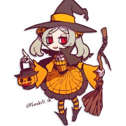 Rule 34 | 1girl, bloody marie (skullgirls), boots, broom, cape, chibi, full body, grey hair, halloween, halloween costume, hat, high collar, highres, jack-o&#039;-lantern, lantern, open mouth, red eyes, skeletal arm, skirt, skullgirls, smile, socks, solo, striped clothes, striped socks, torakiti sk, twintails, white background, wide sleeves, witch hat