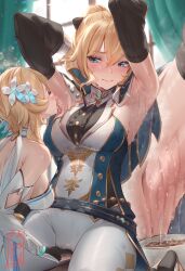 Rule 34 | 2girls, armpits, arms up, bare shoulders, belt, blonde hair, blue capelet, blue eyes, blush, blush stickers, bow, breasts, capelet, detached sleeves, dress, feather hair ornament, feathers, fingering, flower, gauntlets, genshin impact, hair bow, hair flower, hair ornament, highres, jean (genshin impact), jean (gunnhildr&#039;s legacy) (genshin impact), large breasts, licking, licking armpit, long hair, lumine (genshin impact), medium hair, multicolored capelet, multiple girls, padoruu, pants, ponytail, scarf, sidelocks, sweat, tight clothes, tight pants, tongue, tongue out, white dress, white pants, white scarf, yuri