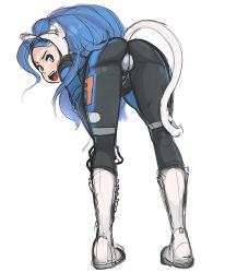 Rule 34 | 1girl, 34no404, alternate costume, animal ears, animal hands, ass, bent over, big hair, blue hair, blush, bodysuit, boots, cameltoe, cat ears, cat tail, cleft of venus, felicia (vampire), female focus, full body, hands on own knees, knee boots, long hair, looking at viewer, looking back, open mouth, simple background, solo, tail, vampire (game)