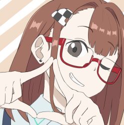 Rule 34 | 1girl, brown hair, checkered hair ornament, commentary request, double-parted bangs, earrings, grey eyes, grin, hair ornament, hairclip, hands up, highres, hitomi chris, hololive, jewelry, kawatarimochi, looking at viewer, medium hair, one eye closed, portrait, red-framed eyewear, semi-rimless eyewear, sidelocks, smile, solo, spade hands, teeth, under-rim eyewear, virtual youtuber