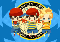 Rule 34 | 3boys, absurdres, arm up, badge, bandana, bandana around neck, black hair, blonde hair, blue background, blue footwear, blue shorts, blush stickers, button badge, closed mouth, crossed arms, franklin badge, highres, hitofutarai, lucas (mother 3), male focus, mother (game), mother 1, mother 2, mother 3, multiple boys, ness (mother 2), ninten, nintendo, open mouth, red bandana, red footwear, red socks, shirt, short hair, shorts, sideways hat, smile, socks, solid oval eyes, striped clothes, striped shirt, white socks, yellow footwear