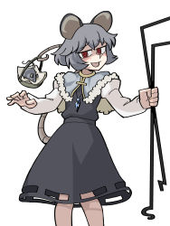 Rule 34 | 1girl, :d, absurdres, animal ears, blue capelet, capelet, commentary, dowsing rod, dress, eddybird55555, english commentary, fur trim, grey dress, grey hair, highres, jewelry, long sleeves, looking at viewer, mouse (animal), mouse ears, mouse girl, mouse tail, nazrin, open mouth, pendant, red eyes, ringed eyes, short hair, simple background, smile, solo, standing, tail, touhou, vanripper (style), white background