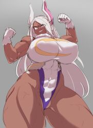 Rule 34 | 1girl, abs, absurdres, boku no hero academia, breasts, covered erect nipples, dark-skinned female, dark skin, exabyte (parallax05), eyelashes, female focus, flexing, from below, gloves, grey background, grin, highres, huge breasts, leotard, long hair, looking at viewer, mirko, muscular, muscular female, navel, rabbit ears, red eyes, shiny skin, skin tight, smile, solo, thick thighs, thighs, veins, veiny thighs, very long hair, white gloves, white hair, white leotard, wide hips