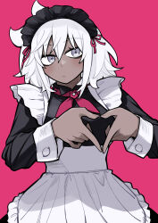 Rule 34 | 1girl, absurdres, apron, blush, commentary, dark-skinned female, dark skin, expressionless, fingernails, flow (kanke (kank06020602)), frilled apron, frills, grey eyes, heart, heart hands, highres, kanke (kank06020602), long bangs, looking to the side, maid apron, maid headdress, messy hair, original, pink background, red ribbon, ribbon, solo, symbol-only commentary, white hair