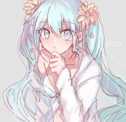 Rule 34 | 1girl, :o, bad id, bad pixiv id, bikini, blue eyes, blue hair, danjou sora, flower, grey background, hair flower, hair ornament, hand on own chin, hatsune miku, heart, long hair, looking at viewer, off shoulder, pastel colors, simple background, sketch, solo, swimsuit, twintails, vocaloid, white bikini