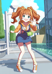 Rule 34 | 1girl, animal bag, badge, bag, blue eyes, blunt bangs, blush, button badge, commentary, day, english commentary, flower, full body, hair flower, hair ornament, highres, hood, hoodie, idolmaster, long hair, long sleeves, looking at viewer, open mouth, orange hair, outdoors, overall skirt, shoes, shoulder bag, sky, smile, sneakers, socks, solo, surisuririsu, takatsuki yayoi, twintails, water, waving