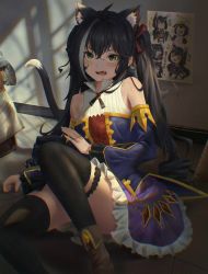Rule 34 | 1girl, :o, absurdres, ahoge, animal ear fluff, animal ears, black hair, black thighhighs, bow, cat ears, cat girl, cat tail, chibi, chibi inset, commentary request, detached sleeves, di qi gang guang, drill hair, fang, green eyes, hair between eyes, hair bow, hair ribbon, highres, karyl (princess connect!), long hair, long sleeves, looking at viewer, low twintails, multicolored hair, poster (object), princess connect!, ribbon, sidelocks, sitting, solo, streaked hair, tail, thighhighs, twin drills, twintails, wide sleeves, zettai ryouiki