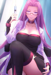 Rule 34 | 1girl, bare shoulders, black dress, black thighhighs, breasts, cleavage, collar, collarbone, crossed legs, detached sleeves, dress, fate/stay night, fate (series), female focus, forehead, glasses, highres, holding, holding syringe, jacket, large breasts, long hair, long sleeves, looking at viewer, matching hair/eyes, medusa (fate), medusa (rider) (fate), minami koyogi, open clothes, open jacket, parted bangs, purple eyes, purple hair, short dress, sidelocks, smile, solo, square pupils, syringe, thighhighs, thighs, very long hair, white jacket