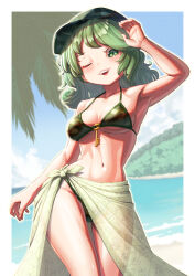Rule 34 | 1girl, ;d, armpits, bare shoulders, beach, bikini, camouflage, camouflage bikini, camouflage headwear, commentary request, commission, contrapposto, creape, fingernails, flat cap, green eyes, green hair, green hat, green sarong, groin, hand up, hat, highres, key, looking at viewer, medium hair, navel, ocean, one eye closed, open mouth, outdoors, sarong, skeb commission, smile, solo, stomach, string bikini, swimsuit, thigh gap, touhou, twisted torso, wavy hair, yamashiro takane