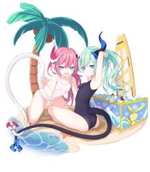 2girls airool beach black_one-piece_swimsuit blue_eyes blue_hair closed_mouth coconut_tree hands_in_hair homu_(honkai_impact) honkai_(series) honkai_impact_3rd horns ice ice_cube kuudere liliya_olenyeva long_hair looking_at_viewer mesugaki multiple_girls one-piece_swimsuit open_mouth palm_tree pink_hair ponytail rozaliya_olenyeva sand school_swimsuit siblings single_horn smirk surfboard swimsuit tail transparent_background tree twins water white_one-piece_swimsuit