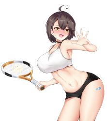 Rule 34 | 1girl, absurdres, ahoge, azur lane, baltimore (azur lane), baltimore (black ace) (azur lane), bandaid, bandaid on leg, bare shoulders, black choker, black shorts, blush, braid, breasts, brown hair, choker, cleavage, collarbone, commentary request, cowboy shot, curvy, french braid, groin, hair between eyes, highres, holding, holding racket, large breasts, looking at viewer, masaki nanaya, micro shorts, midriff, navel, nose blush, open hand, open mouth, racket, short hair, short shorts, shorts, sidelocks, simple background, smile, solo, sports bra, standing, sweat, sweatdrop, tattoo, tennis racket, thighs, wavy mouth, white background, white sports bra, yellow eyes