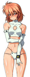 Rule 34 | 1girl, bare shoulders, blush, breasts, cleavage cutout, clothing cutout, cosplay, cowboy shot, elbow gloves, embarrassed, frown, full-face blush, gloves, hand on own arm, highres, hikari to mizu no daphne, ibis douglas, looking at viewer, medium hair, midriff, mizuki maia, mizuki maia (cosplay), navel, orange hair, pepo (absolute1123), pink eyes, red eyes, red hair, revealing clothes, shiny skin, skindentation, small breasts, solo, standing, super robot wars, white background