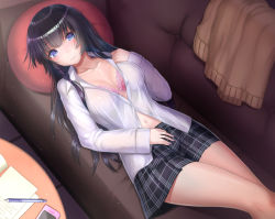 Rule 34 | 1girl, black hair, black skirt, blue eyes, bra, braid, breasts, buttons, cardigan, cellphone, cleavage, closed mouth, unworn clothes, collarbone, collared shirt, commentary request, couch, cushion, dress shirt, from above, hair tie, indoors, long hair, long sleeves, looking at viewer, lying, mechanical pencil, medium breasts, miniskirt, mizuya nao, navel, original, paper, partially unbuttoned, pencil, phone, pink bra, plaid, plaid skirt, school uniform, shirt, single braid, skirt, smartphone, solo, table, tile floor, tiles, underwear, white shirt