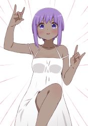 Rule 34 | 1girl, :d, arm up, blush, breasts, collarbone, dark-skinned female, dark skin, dress, emphasis lines, fate/prototype, fate/prototype: fragments of blue and silver, fate (series), fox shadow puppet, hand up, hassan of serenity (fate), i.u.y, kaguya-sama wa kokurasetai ~tensai-tachi no renai zunousen~, open mouth, purple eyes, purple hair, simple background, sleeveless, sleeveless dress, small breasts, smile, solo, white background, white dress