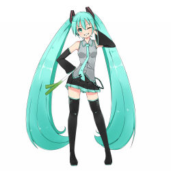 Rule 34 | 1girl, aqua eyes, aqua hair, boots, clenched teeth, detached sleeves, grin, hand on own hip, hatsune miku, head tilt, long hair, looking at viewer, necktie, one eye closed, pleated skirt, simple background, skirt, smile, solo, spring onion, standing, teeth, thigh boots, thighhighs, twintails, very long hair, vocaloid, white background, wink, zukaketawagase