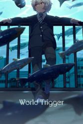 Rule 34 | 1boy, against railing, arm rest, blazer, building, caustics, copyright name, creature, echo (circa), fish, flying fish, jacket, kuga yuuma, against railing, light particles, long sleeves, looking away, looking to the side, male focus, necktie, outstretched arms, pants, railing, replica, school uniform, shoes, short hair, smile, spread arms, standing, striped necktie, white hair, world trigger