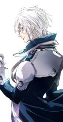 Rule 34 | 1boy, allen walker, closed mouth, coat, d.gray-man, from behind, gloves, highres, long sleeves, profile, short hair, shumiko (kamenokoueki), silver hair, simple background, smile, solo, white background, white gloves
