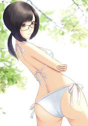 Rule 34 | 1girl, ass, bad anatomy, bad id, bad pixiv id, bikini, black hair, brown-framed eyewear, brown eyes, day, from behind, glasses, hami (hami-gerden), highres, holding elbow, looking at viewer, original, outdoors, parted lips, ponytail, short ponytail, side-tie bikini bottom, solo, standing, swimsuit, white bikini