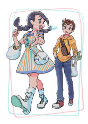 Rule 34 | 1boy, 1girl, bag, black eyes, black hair, blue pants, braid, brown eyes, brown hair, candice (palentine&#039;s 2024) (pokemon), candice (pokemon), creatures (company), dress, full body, game freak, grocery bag, haraya, long hair, looking at another, nintendo, official alternate costume, open mouth, pants, pokemon, pokemon masters ex, red footwear, shoes, shopping bag, short hair, shoulder bag, signature, striped clothes, striped dress, sweater, teeth, twin braids, upper teeth only, victor (palentine&#039;s 2024) (pokemon), victor (pokemon), walking, white footwear