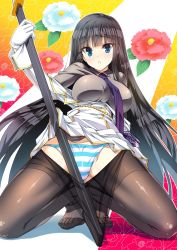 Rule 34 | 10s, 1girl, :o, aiguillette, akaza, black hair, blue eyes, blush, breasts, clothes pull, feet, floral background, gloves, highres, ikaruga (senran kagura), katana, kneeling, large breasts, long hair, long sleeves, looking at viewer, military, military uniform, necktie, no shoes, nose blush, off shoulder, panties, pantyhose, pantyhose pull, purple necktie, scabbard, senran kagura, sheath, sheathed, solo, spread legs, striped clothes, striped panties, sword, toes, undershirt, underwear, uniform, very long hair, weapon, white gloves