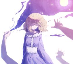Rule 34 | 1girl, arms at sides, blonde hair, closed eyes, closed mouth, collared dress, commentary, dress, eyebrows hidden by hair, facing viewer, full moon, hair between eyes, highres, long sleeves, maribel hearn, medium hair, moon, nama udon, no headwear, purple dress, smile, solo, star (sky), touhou, upper body