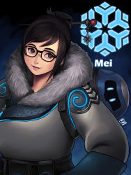 Rule 34 | 1girl, black-framed eyewear, brown eyes, coat, commentary, curvy, drone, fur-trimmed jacket, fur coat, fur trim, hair bun, hair ornament, hair stick, highres, jacket, lips, making-of available, mei (overwatch), overwatch, overwatch 1, parka, robot, ryu shou, single hair bun, smile, snowball (overwatch), snowflake hair ornament, solo, swept bangs, winter clothes, winter coat