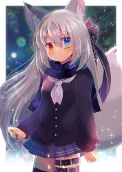 Rule 34 | 1girl, animal ear fluff, animal ears, barcode, barcode tattoo, black bow, black jacket, black nails, blue eyes, blue skirt, blurry, blurry background, blush, bow, breasts, closed mouth, depth of field, fringe trim, grey hair, hair between eyes, hair bow, heterochromia, jacket, kou hiyoyo, long hair, long sleeves, looking at viewer, nail polish, neckerchief, plaid, plaid scarf, pleated skirt, puffy long sleeves, puffy sleeves, purple scarf, red eyes, scarf, skirt, sleeves past wrists, small breasts, solo, tail, tattoo, very long hair, vrchat, white neckerchief