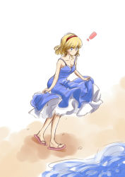 Rule 34 | !, 1girl, alice margatroid, bad id, bad pixiv id, beach, blonde hair, breasts, medium breasts, non (z-art), sandals, short hair, solo, touhou, water