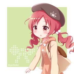 Rule 34 | 1girl, :o, backpack, bag, beret, black hat, blush, brown hoodie, brown jacket, commentary request, gochuumon wa usagi desu ka?, goth risuto, green background, hair bobbles, hair ornament, hat, hood, hood down, hoodie, jacket, long hair, long hoodie, long sleeves, looking at viewer, natsu megumi, open clothes, open jacket, parted bangs, parted lips, red eyes, red hair, solo, twintails, twitter username, two-tone background, white background