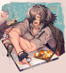 Rule 34 | 1boy, alcohol, beard, black gloves, black hair, blush, bottle, collared shirt, commentary, commentary request, facial hair, fate/grand order, fate (series), fingerless gloves, food, gloves, hair over one eye, highres, holding, jacket, knmendako, long hair, looking at viewer, male focus, official alternate costume, okada izou (fate), okada izou (i&#039;m one dapping fella) (fate), open mouth, ponytail, sake, sake bottle, shirt, solo, vest, yellow eyes