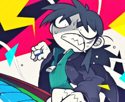 Rule 34 | 1boy, black hair, black jacket, clenched teeth, colored skin, commentary request, facial scar, green sweater, hair between eyes, holding, holding mahjong tile, itou kaiji, jacket, kaiji, long hair, long sleeves, mahjong, mahjong tile, male focus, medium bangs, open clothes, open jacket, scar, scar on cheek, scar on face, solo, suzuka g, sweater, teeth, upper body, v-shaped eyebrows, white skin, zipper