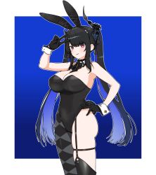 Rule 34 | 1girl, absurdres, animal ears, ass, asymmetrical legwear, black gloves, black hair, blue background, blue hair, breasts, cleavage, colored inner hair, detached collar, garter straps, gloves, hand on own hip, highres, hololive, hololive english, horns, huge ass, large breasts, leotard, long hair, mole, mole under eye, multicolored hair, nerissa ravencroft, nerissa ravencroft (1st costume), okunin, playboy bunny, rabbit ears, rabbit tail, red eyes, single leg pantyhose, skindentation, solo, tail, thick thighs, thigh strap, thighs, twintails, v, virtual youtuber, wrist cuffs
