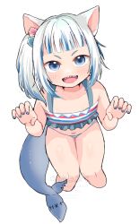 Rule 34 | 1girl, :d, animal ears, artist name, bikini, blue bikini, blue eyes, blue nails, blunt bangs, blush, cat ears, collarbone, commentary, cropped legs, dot nose, english commentary, fins, fish tail, gawr gura, hair ornament, hololive, hololive english, looking at viewer, mixed-language commentary, multicolored hair, nail polish, nakajima lupus, navel, open mouth, paw pose, shark tail, sharp teeth, short hair, side ponytail, simple background, smile, solo, swimsuit, tail, teeth, two-tone hair, virtual youtuber, white background, white hair