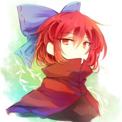 Rule 34 | 1girl, blue bow, bow, cape, expressionless, green background, hair between eyes, hair bow, kutsuki kai, looking at viewer, portrait, red cape, red eyes, red hair, sekibanki, short hair, solo, touhou