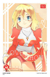 Rule 34 | 1girl, bags under eyes, blonde hair, blue eyes, breasts, closed mouth, clothes lift, commentary, contrapposto, cowboy shot, cross, cross necklace, dated, dress, english commentary, garter straps, grey sash, hair between eyes, halftone, halftone background, high priest (ragnarok online), highres, jewelry, juliet sleeves, kekipai, lifted by self, long bangs, long hair, long sleeves, looking at viewer, medium breasts, necklace, orange background, panties, pelvic curtain, pelvic curtain lift, pink panties, puffy sleeves, ragnarok online, red dress, smile, solo, two-tone dress, underwear, watermark, web address, white dress