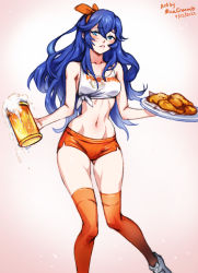 Rule 34 | 1girl, 2022, artist name, beer mug, blue eyes, blue hair, blush, breasts, cleavage, clothes writing, cup, dated, employee uniform, female focus, fire emblem, fire emblem awakening, full body, holding, holding cup, holding tray, hooters, long hair, looking at viewer, lucina (fire emblem), matching hair/eyes, mina cream, mug, navel, nintendo, orange shorts, orange thighhighs, shoes, short shorts, shorts, simple background, sneakers, solo, stomach, tank top, thighhighs, tray, uniform, waitress