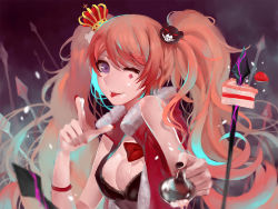 Rule 34 | 1girl, ;q, black bra, blue eyes, bow, bra, bracelet, breasts, rabbit hair ornament, cake, cleavage, cream on body, crown, danganronpa (series), danganronpa: trigger happy havoc, enoshima junko, facial tattoo, food, hair ornament, index finger raised, jacket, jewelry, long hair, medium breasts, mini crown, nail polish, one eye closed, open clothes, open jacket, orange hair, red bow, red jacket, red nails, sa (h28085), smile, solo, spoilers, tattoo, tongue, tongue out, twintails, underwear, upper body, very long hair
