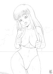 Rule 34 | 1girl, absurdres, alternate breast size, artist request, bare legs, bare shoulders, beach, breasts, breasts out, cameltoe, cleavage, cloud, covered navel, cowboy shot, curvy, dragon ball, dragonball z, female focus, highleg, highleg swimsuit, highres, large breasts, long hair, looking down, maron (dragon ball), matching hair/eyes, nipples, ocean, one-piece swimsuit, open mouth, sky, standing, swimsuit, tongue, tongue out, water, wet