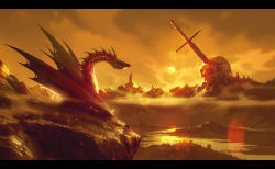 Rule 34 | absurdres, cloud, cloudy sky, dragon, forest, highres, kalmahul, letterboxed, mountainous horizon, nature, no humans, orange sky, original, oversized object, planted, planted sword, planted weapon, sepia, skull, sky, sun, sunset, sword, valley, weapon, wyvern