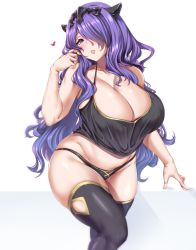 Rule 34 | 1girl, ass, bare shoulders, black panties, black thighhighs, blush, breasts, camilla (fire emblem), cleavage, curvy, fire emblem, fire emblem fates, hair over one eye, heart, highres, huge breasts, legs up, lipstick, long hair, looking at viewer, makeup, moisture (chichi), nintendo, panties, parted lips, plump, purple eyes, purple hair, seductive smile, simple background, smile, solo, tank top, thick thighs, thighhighs, thighs, tiara, underwear, wavy hair, white background