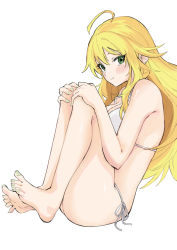 Rule 34 | 1girl, ahoge, bare shoulders, barefoot, bikini, blonde hair, blush, closed mouth, commentary request, fingernails, green eyes, green nails, grey background, hands on own knees, hoshii miki, idolmaster, idolmaster (classic), long hair, long toenails, looking at viewer, mitogawawataru, nail polish, shiny skin, simple background, sitting, smile, solo, swimsuit, toenail polish, toenails, white bikini