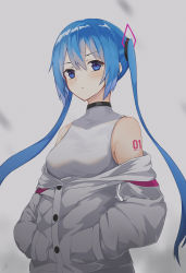 Rule 34 | 1girl, alternate costume, bare shoulders, blue eyes, blue hair, blush, breasts, closed mouth, coat, grey background, grey coat, hands in pockets, hatsune miku, highres, long hair, long sleeves, looking at viewer, medium breasts, number tattoo, off shoulder, open clothes, open coat, osanzi, partially unbuttoned, serious, shirt, shoulder tattoo, signature, simple background, solo, tattoo, twintails, upper body, v-shaped eyebrows, very long hair, vocaloid, white shirt