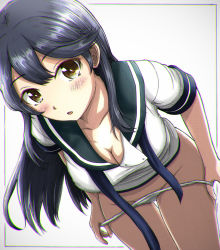 Rule 34 | 1girl, absurdres, bent over, black hair, breasts, brown eyes, chromatic aberration, cleavage, dated, groin, h2 (h20000000), highres, kantai collection, large breasts, mixed media, panties, panty pull, school uniform, serafuku, signature, solo, traditional media, underwear, ushio (kancolle)