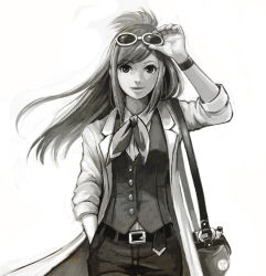 Rule 34 | 1girl, ace attorney, adjusting eyewear, badge, bag, belt, button badge, buttons, closed mouth, coat, collared shirt, cowboy shot, ema skye, eyewear on head, greyscale, half updo, hand in pocket, kobutamaru, lapels, long hair, looking at viewer, monochrome, neckerchief, pants, shirt, shoulder bag, sidelocks, simple background, sleeves rolled up, smile, solo, sunglasses, swept bangs, vest, vial, white background, wind, wristband