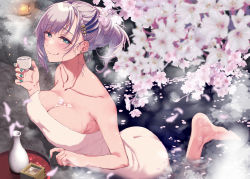 Rule 34 | ass, barefoot, bathing, between breasts, blue eyes, blue nail polish, blush, bottle, braid, braided bangs, breasts, bright pupils, cherry blossoms, choko (cup), cup, earrings, feather hair ornament, feet, hair bun, hair ornament, highres, hololive, hololive indonesia, jewelry, large breasts, licking lips, onsen, pavolia reine, pochi (pochi-goya), sake bottle, short hair, silver hair, single hair bun, smile, steam, toes, tongue, tongue out, towel, towel over breasts, virtual youtuber, white pupils