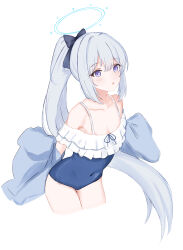 Rule 34 | 1girl, arms behind back, bare shoulders, black ribbon, blue archive, blue halo, blue one-piece swimsuit, blush, breasts, collarbone, commentary, covered navel, cropped legs, frilled one-piece swimsuit, frills, grey hair, hair ribbon, halo, highres, leaning forward, long hair, looking at viewer, miyako (blue archive), miyako (swimsuit) (blue archive), off-shoulder one-piece swimsuit, off shoulder, official alternate costume, one-piece swimsuit, open mouth, ponytail, purple eyes, ribbon, sidelocks, simple background, small breasts, solo, swimsuit, two-tone one-piece swimsuit, very long hair, white background, yudc11