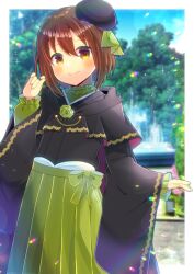 Rule 34 | 1girl, beret, black hat, black kimono, blurry, blurry background, blush, bow, brown eyes, brown hair, closed mouth, commentary request, commission, day, depth of field, fountain, green bow, green hakama, green shirt, hair between eyes, hakama, hakama skirt, hand up, hat, japanese clothes, kimono, kou hiyoyo, long sleeves, original, puffy long sleeves, puffy sleeves, shirt, skeb commission, skirt, sleeves past wrists, smile, solo, tilted headwear, water, wide sleeves