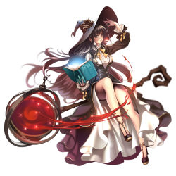 Rule 34 | 1girl, alchemy, arm up, bad id, bad pixiv id, black dress, black hair, blouse, blurry, book, breasts, broom, broom riding, brown eyes, buttons, depth of field, double-breasted, dress, frilled shirt collar, frilled sleeves, frills, glowing, hat, high heels, highres, holding, holding book, knee up, ladle, large breasts, long dress, long hair, looking at viewer, miyaza, open book, open mouth, original, shirt, simple background, sitting, solo, staff, teeth, thighs, tongue, very long hair, white background, white shirt, witch, witch hat