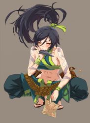 Rule 34 | 1girl, absurdres, akali, arm tattoo, baggy pants, bare arms, black hair, blush, breasts, dagger, feet, full body, half-closed eyes, heart, highres, holding, holding weapon, knife, league of legends, letter, looking at viewer, love letter, midriff, moohyungking, navel, ninja, pants, ponytail, sideboob, slippers, solo, squatting, tattoo, weapon, wristband, yellow eyes